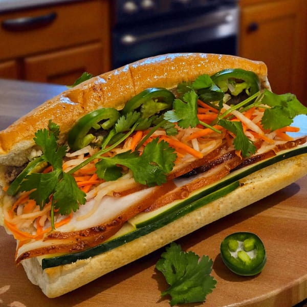 A Vietnamese Banh Mi sandwich, filled with meat, pickled vegetables, cilantro, and sliced jalapeños.