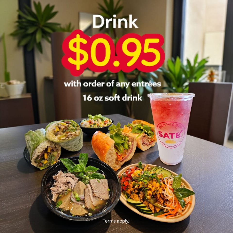 Vietnamese dishes including banh mi, pho, and a wrap, with a SATE branded drink.