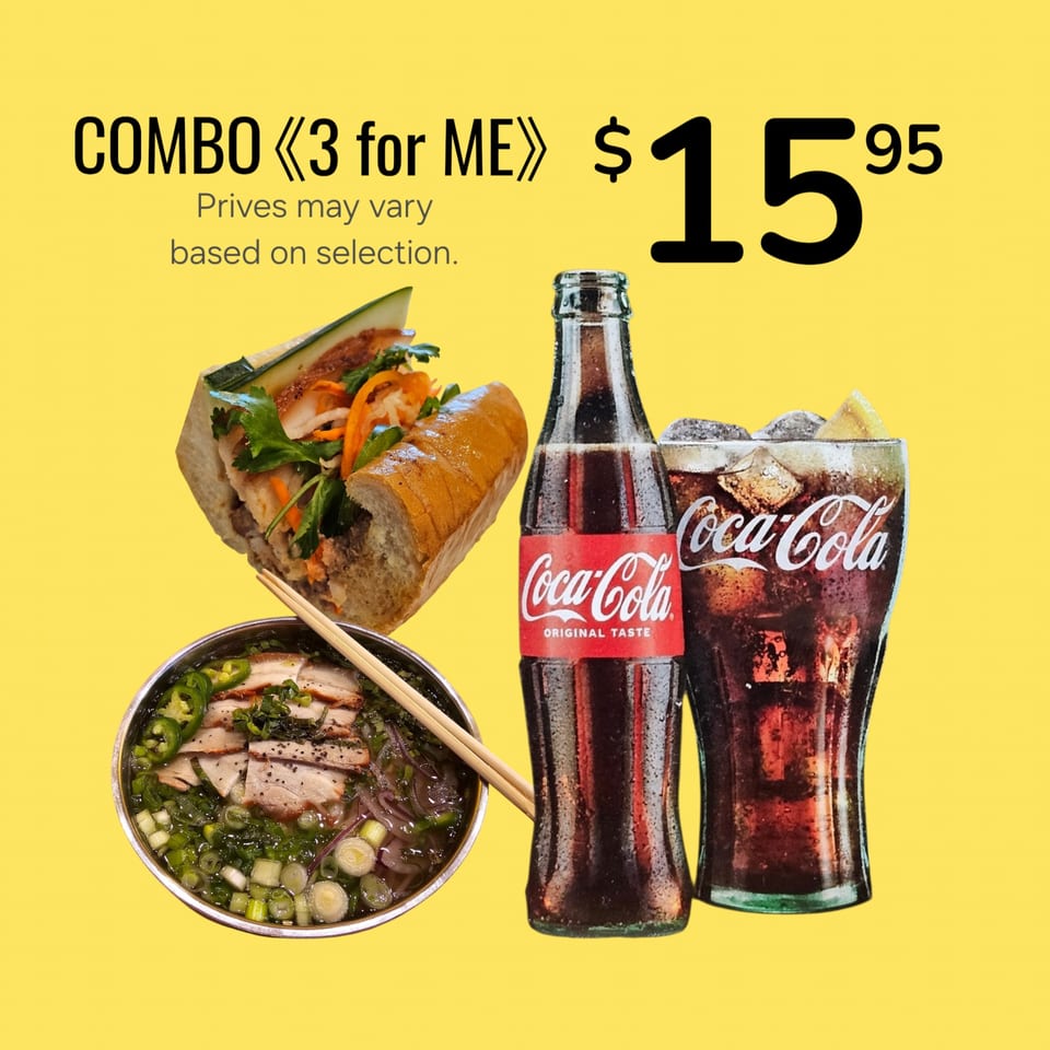 A combo meal with a banh mi sandwich, a bowl of pho, and two Coca-Cola drinks.
